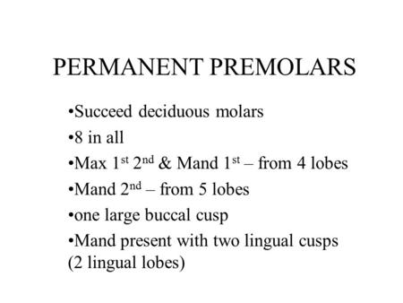 PERMANENT PREMOLARS Succeed deciduous molars 8 in all Max 1 st 2 nd & Mand 1 st – from 4 lobes Mand 2 nd – from 5 lobes one large buccal cusp Mand present.