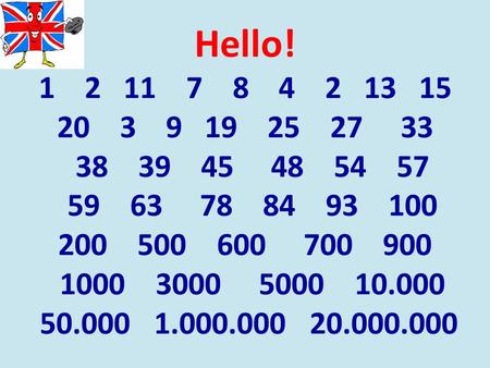 Hello! 1 2 11 7 8 4 2 13 15 20 3 9 19 25 27 33 38 39 45 48 54 57 59 63 78 84 93 100 200 500 600 700 900 1000 3000 5000 10.000 50.000 1.000.000 20.000.000.