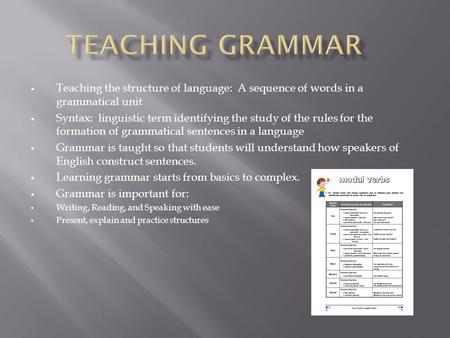  Teaching the structure of language: A sequence of words in a grammatical unit  Syntax: linguistic term identifying the study of the rules for the formation.