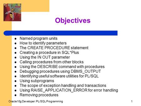 Oracle10g Developer: PL/SQL Programming1 Objectives Named program units How to identify parameters The CREATE PROCEDURE statement Creating a procedure.