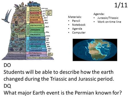 1/11 DO Students will be able to describe how the earth changed during the Triassic and Jurassic period. DQ What major Earth event is the Permian known.