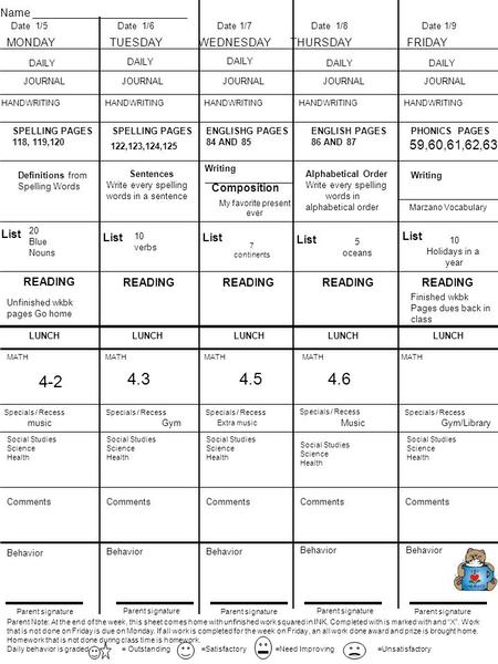 Parent Note: At the end of the week, this sheet comes home with unfinished work squared in INK. Completed with is marked with and “X”. Work that is not.