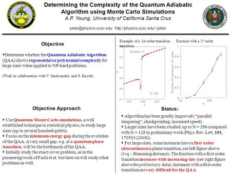 Determining the Complexity of the Quantum Adiabatic Algorithm using Monte Carlo Simulations A.P. Young, University of California Santa Cruz