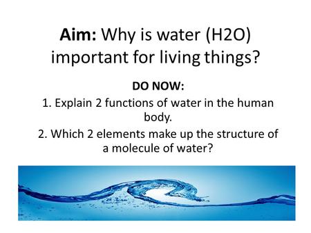 Aim: Why is water (H2O) important for living things? DO NOW: 1. Explain 2 functions of water in the human body. 2. Which 2 elements make up the structure.