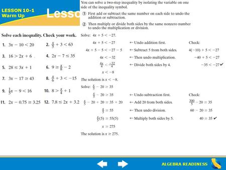 ALGEBRA READINESS LESSON 10-1 Warm Up Lesson 10-1 Warm-Up.