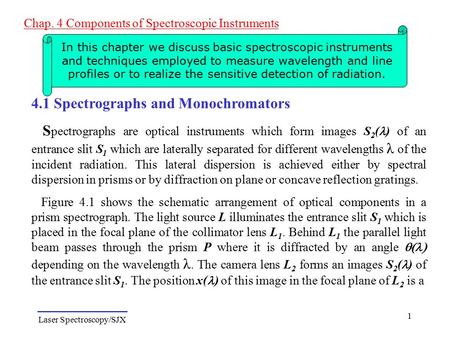 Laser Spectroscopy/SJX Chap. 4 Components of Spectroscopic Instruments 1 In this chapter we discuss basic spectroscopic instruments and techniques employed.