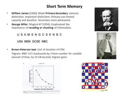 Short Term Memory William James (1900): Made Primary-Secondary memory distinction. Important distinction: Primary was limited capacity and duration. Secondary.