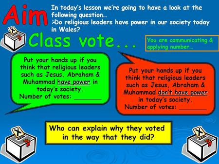 In today’s lesson we’re going to have a look at the following question…  Do religious leaders have power in our society today in Wales? have power Put.