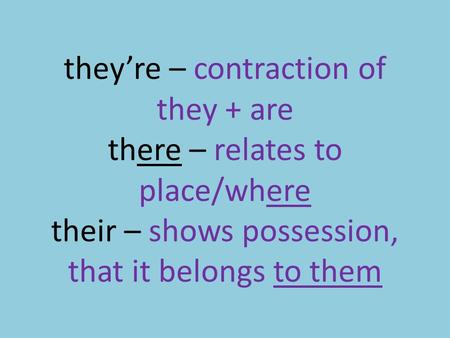 They’re – contraction of they + are there – relates to place/where their – shows possession, that it belongs to them.