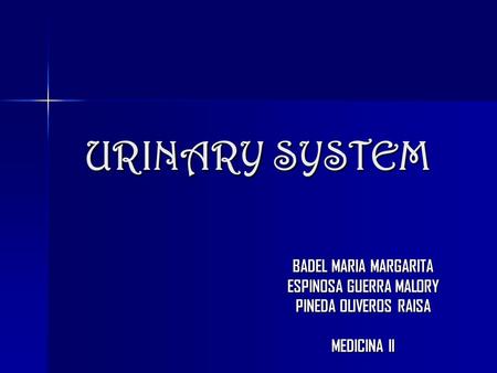 URINARY SYSTEM BADEL MARIA MARGARITA ESPINOSA GUERRA MALORY PINEDA OLIVEROS RAISA MEDICINA II.