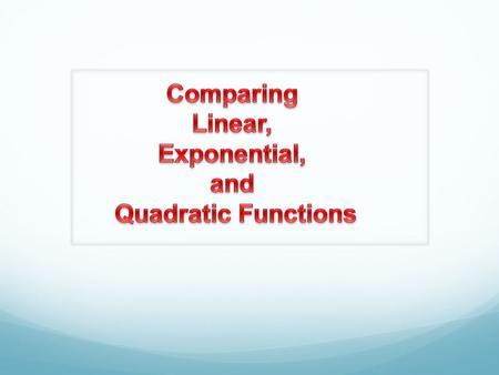 Identifying from an equation: Linear y = mx +b Has an x with no exponent (or exponent 1). Examples: y = 5x + 1 y = ½x 2x + 3y = 6 Quadratic y = ax 2 +