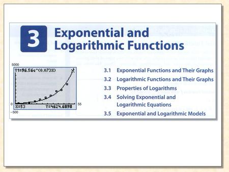 Exponential Growth Exponential Decay Example 1 Graph the exponential function given by Solution xy or f(x) 0 1 –1 2 –2 3 1 3 1/3 9 1/9 27.