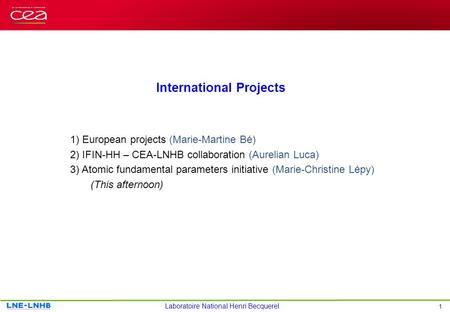 1 Laboratoire National Henri Becquerel International Projects 1) European projects (Marie-Martine Bé) 2) IFIN-HH – CEA-LNHB collaboration (Aurelian Luca)