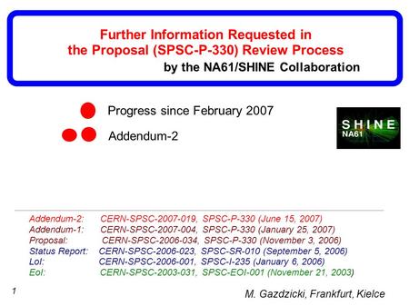 1 M. Gazdzicki, Frankfurt, Kielce Further Information Requested in the Proposal (SPSC-P-330) Review Process Progress since February 2007 Addendum-2 by.