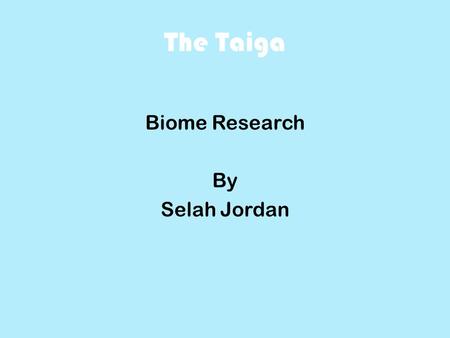 The Taiga Biome Research By Selah Jordan. The Taiga Geography and climate The Taiga is located in North America, Europe, and Asia. The Taiga is very cool.