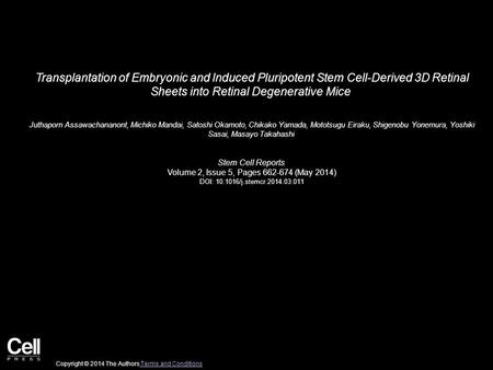 Transplantation of Embryonic and Induced Pluripotent Stem Cell-Derived 3D Retinal Sheets into Retinal Degenerative Mice Juthaporn Assawachananont, Michiko.