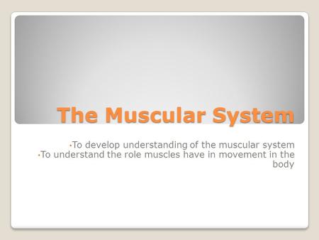 The Muscular System To develop understanding of the muscular system To understand the role muscles have in movement in the body.