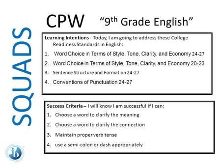 SQUADS Learning Intentions - Today, I am going to address these College Readiness Standards in English: 1. Word Choice in Terms of Style, Tone, Clarity,