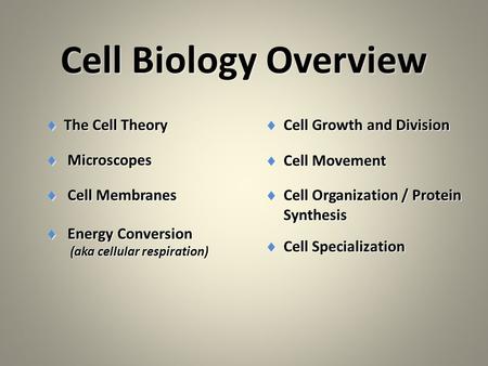 Cell Biology Overview The Cell Theory Microscopes Cell Membranes