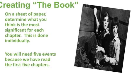 Creating “The Book” On a sheet of paper, determine what you think is the most significant for each chapter. This is done individually. You will need five.