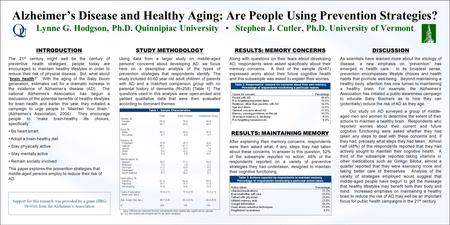 Alzheimer’s Disease and Healthy Aging: Are People Using Prevention Strategies? Lynne G. Hodgson, Ph.D. Quinnipiac University Stephen J. Cutler, Ph.D. University.