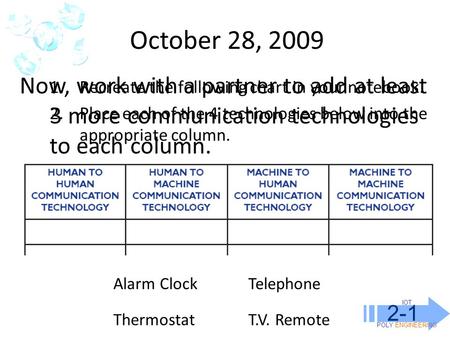 IOT POLY ENGINEERING 2-1 Now, work with a partner to add at least 3 more communication technologies to each column. October 28, 2009 1.Recreate the following.