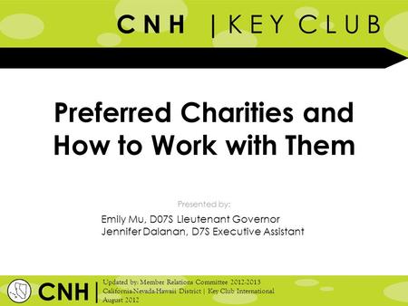 C N H | K E Y C L U B Presented by: | Updated by: Member Relations Committee 2012-2013 California-Nevada-Hawaii District | Key Club International August.