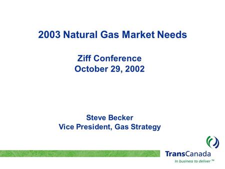 2003 Natural Gas Market Needs Ziff Conference October 29, 2002 Steve Becker Vice President, Gas Strategy.