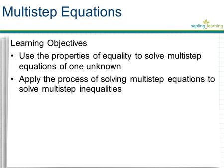 Multistep Equations Learning Objectives