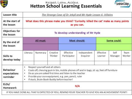 Hetton School Learning Essentials Lesson titleThe Strange Case of Dr Jekyll and Mr Hyde Lesson 6 -Villains At the start of the lesson What does this phrase.