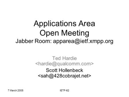 7 March 2005IETF-62 Applications Area Open Meeting Jabber Room: Ted Hardie Scott Hollenbeck.