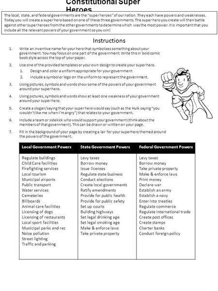 Constitutional Super Heroes 1.Write an inventive name for your hero that symbolizes something about your government. You may focus on one part of the government.