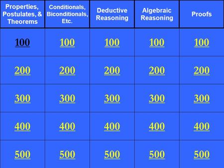 200 300 400 500 100 200 300 400 500 100 200 300 400 500 100 200 300 400 500 100 200 300 400 500 100 Properties, Postulates, & Theorems Conditionals, Biconditionals,