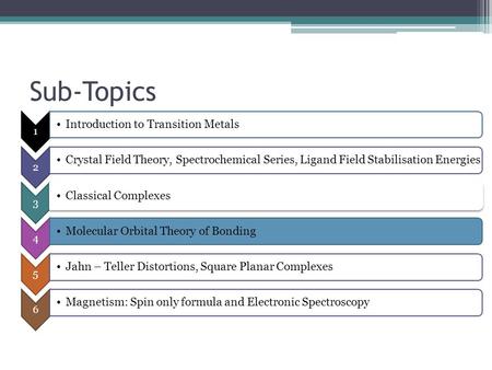 Sub-Topics Introduction to Transition Metals