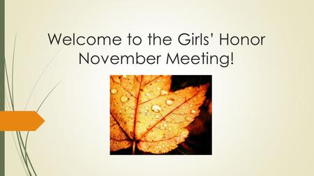 Welcome to the Girls’ Honor November Meeting!.  Thank you to all who came to the Awareness Party!  If you need your sheet still, please get it after.