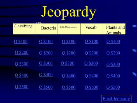 Jeopardy CEL Cells/Microscopes VocabPlants and Animals Q $100 Q $200 Q $300 Q $400 Q $500 Q $100 Q $200 Q $300 Q $400 Q $500 Final Jeopardy Bacteria.