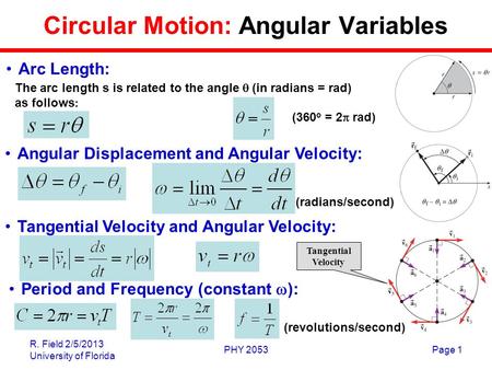 R. Field 2/5/2013 University of Florida PHY 2053Page 1 Circular Motion: Angular Variables The arc length s is related to the angle  (in radians = rad)