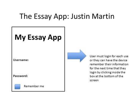 The Essay App: Justin Martin My Essay App Username: Password: User must login for each use or they can have the device remember their information for the.