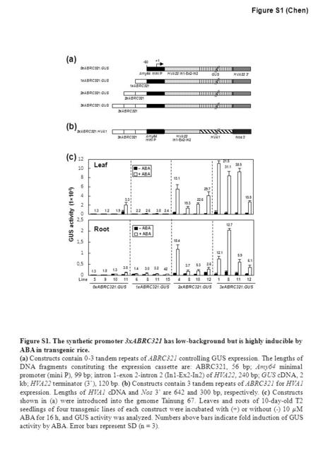 Figure S1 (Chen) (a) 1xABRC321:GUS 1xABRC321 2xABRC321:GUS 2xABRC321 3xABRC321:GUS 3xABRC321 GUS 0xABRC321:GUS Amy64 mini PHVA22 In1-Ex2-In2 HVA22 3’ -60.