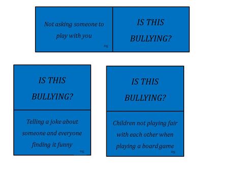 IS THIS BULLYING? Not asking someone to play with you IS THIS BULLYING? No Telling a joke about someone and everyone finding it funny No IS THIS BULLYING?