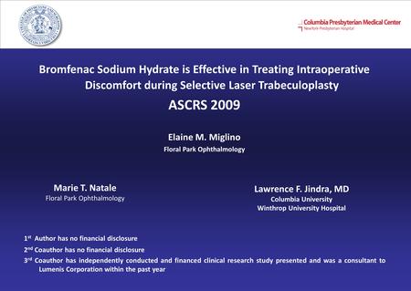 Bromfenac Sodium Hydrate is Effective in Treating Intraoperative Discomfort during Selective Laser Trabeculoplasty ASCRS 2009 Marie T. Natale Floral Park.