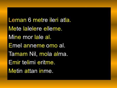 Leman 6 metre ileri atla. Mete lalelere elleme. Mine mor lale al. Emel anneme omo al. Tamam Nil, mola alma. Emir telimi eritme. Metin attan inme.