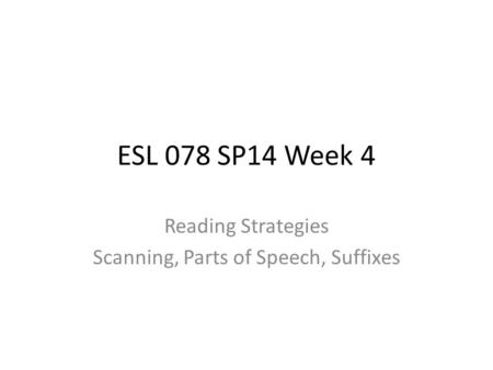 ESL 078 SP14 Week 4 Reading Strategies Scanning, Parts of Speech, Suffixes.