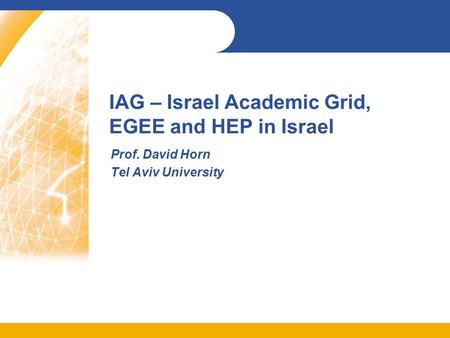 IAG – Israel Academic Grid, EGEE and HEP in Israel Prof. David Horn Tel Aviv University.