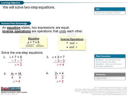 CA 7 th Grade Algebra and Functions 4.1 (3Q) Solve two-step linear equations and inequalities in one variable over the rational numbers, interpret the.