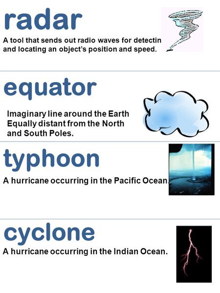 Radar A tool that sends out radio waves for detecting and locating an object’s position and speed. equator Imaginary line around the Earth Equally distant.