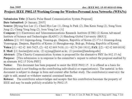 Jan. 2005 H. Lee, C. Lee, D. Park, D. Sung, S. Jung and C. Jung, J. Lee doc.: IEEE 802. 15-05-0010-03-004a Submission Slide 1 Project: IEEE P802.15 Working.