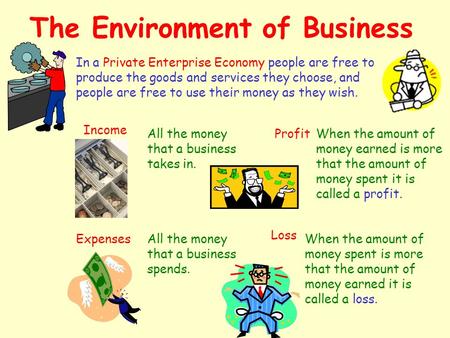 The Environment of Business In a Private Enterprise Economy people are free to produce the goods and services they choose, and people are free to use.