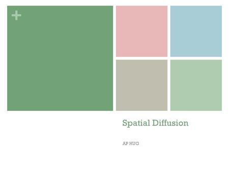 + Spatial Diffusion AP HUG. + Diffusion Definition: the movement of a phenomenon (i.e. culture, language, religion, disease) from one location to another.