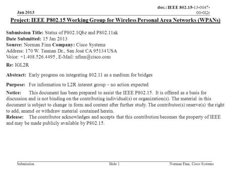 Doc.: IEEE 802.15-13-0047- 00-0l2r Submission Jan 2013 Norman Finn, Cisco SystemsSlide 1 Project: IEEE P802.15 Working Group for Wireless Personal Area.